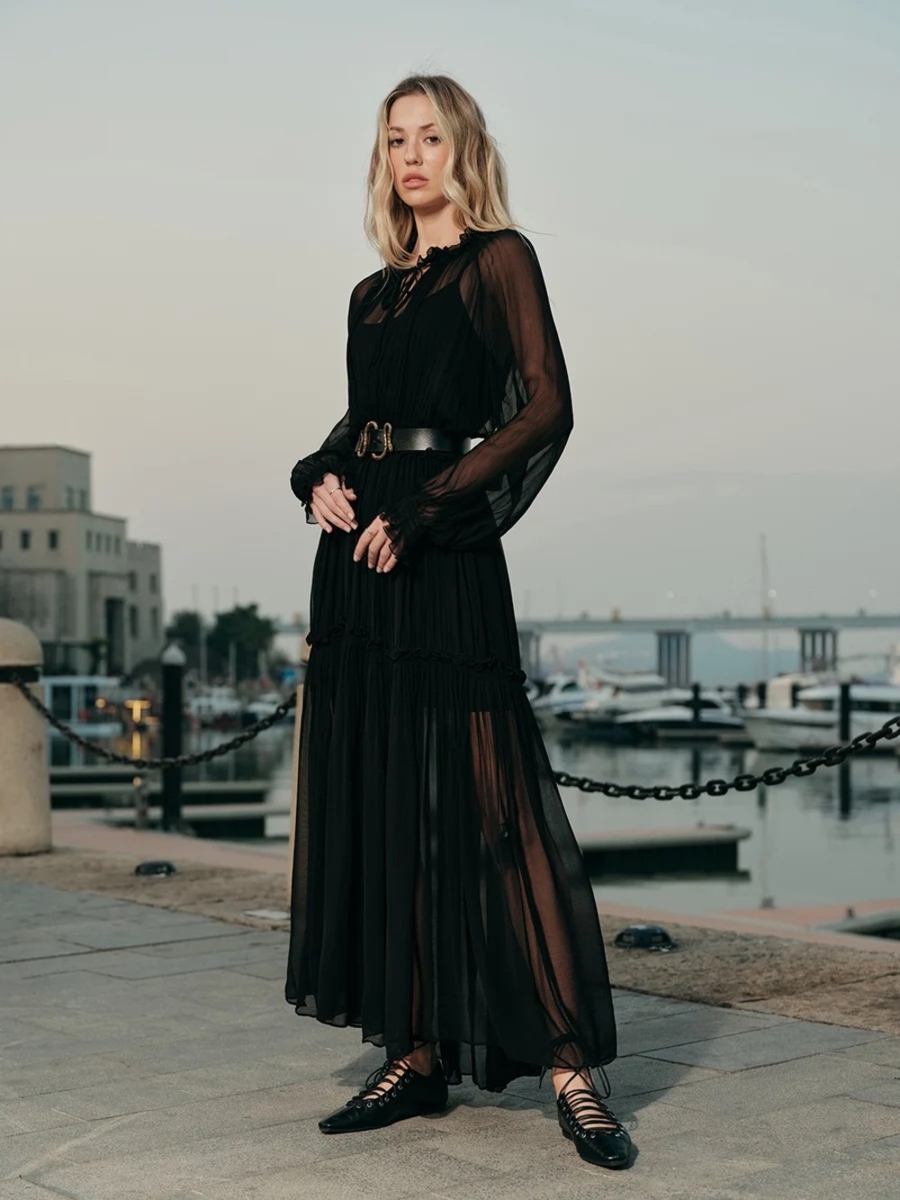 Commense Ruffled Chiffon Semi-Sheer Dress without belt - Picture 2 of 15